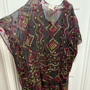 Sheer Black Embroidered Kimono Cover-Up with Pink & Green Accents